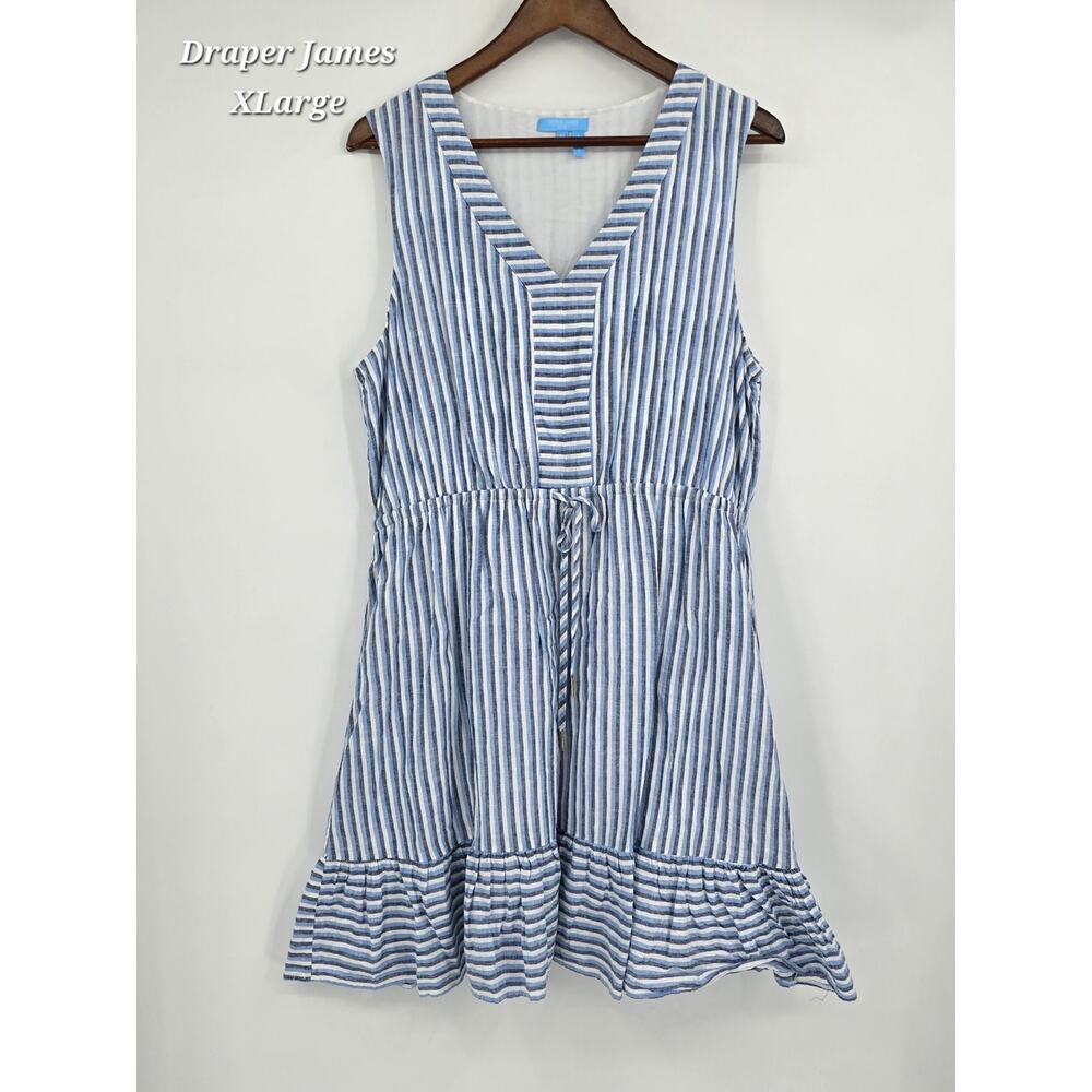 Draper James RSVP Linen Blend‎ Striped Dress XL Blue White Ruffle Coastal Preppy